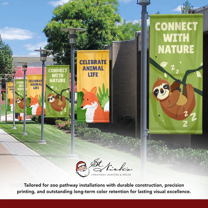 Connect With Nature green zoo pathway banners featuring sloth design and nature theme