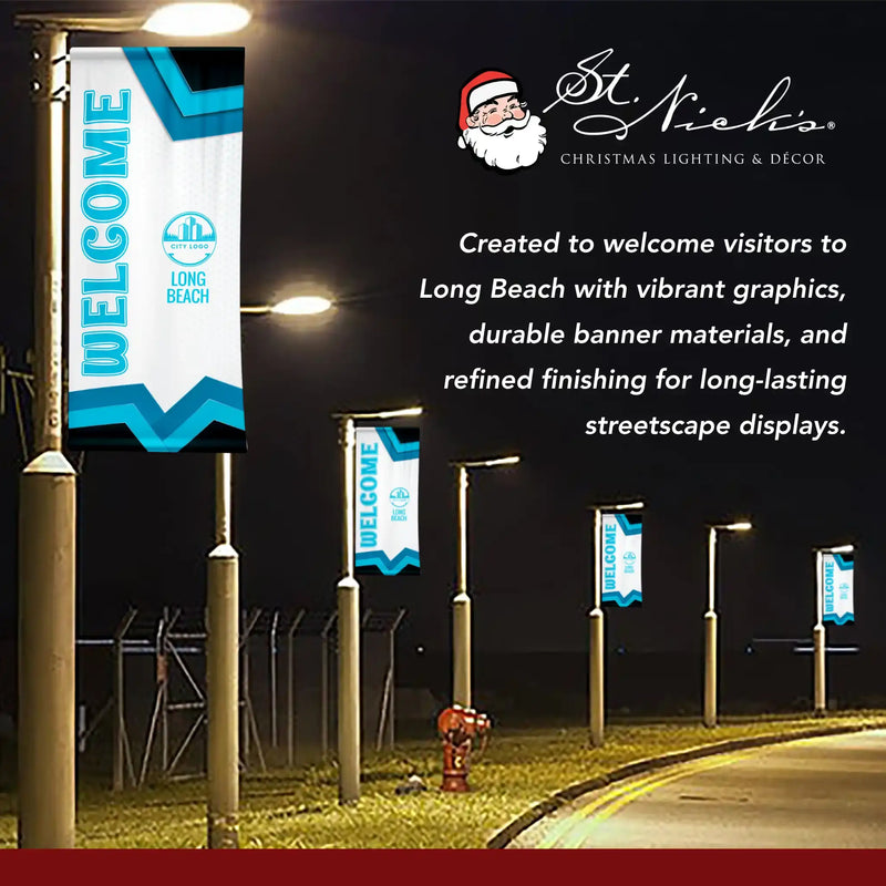 Custom Long Beach welcome pole banners illuminated at night along city street for visual impact