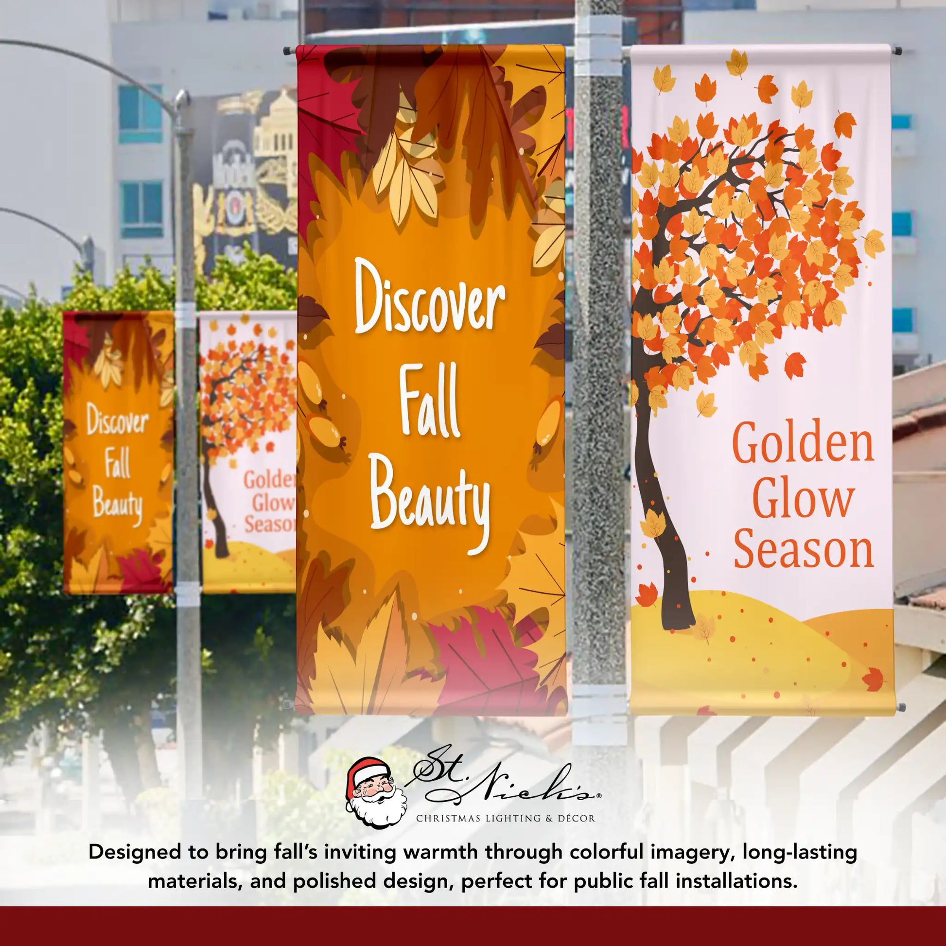 Discover Fall Beauty fall pole banner displayed alongside complementary autumn street banner designs