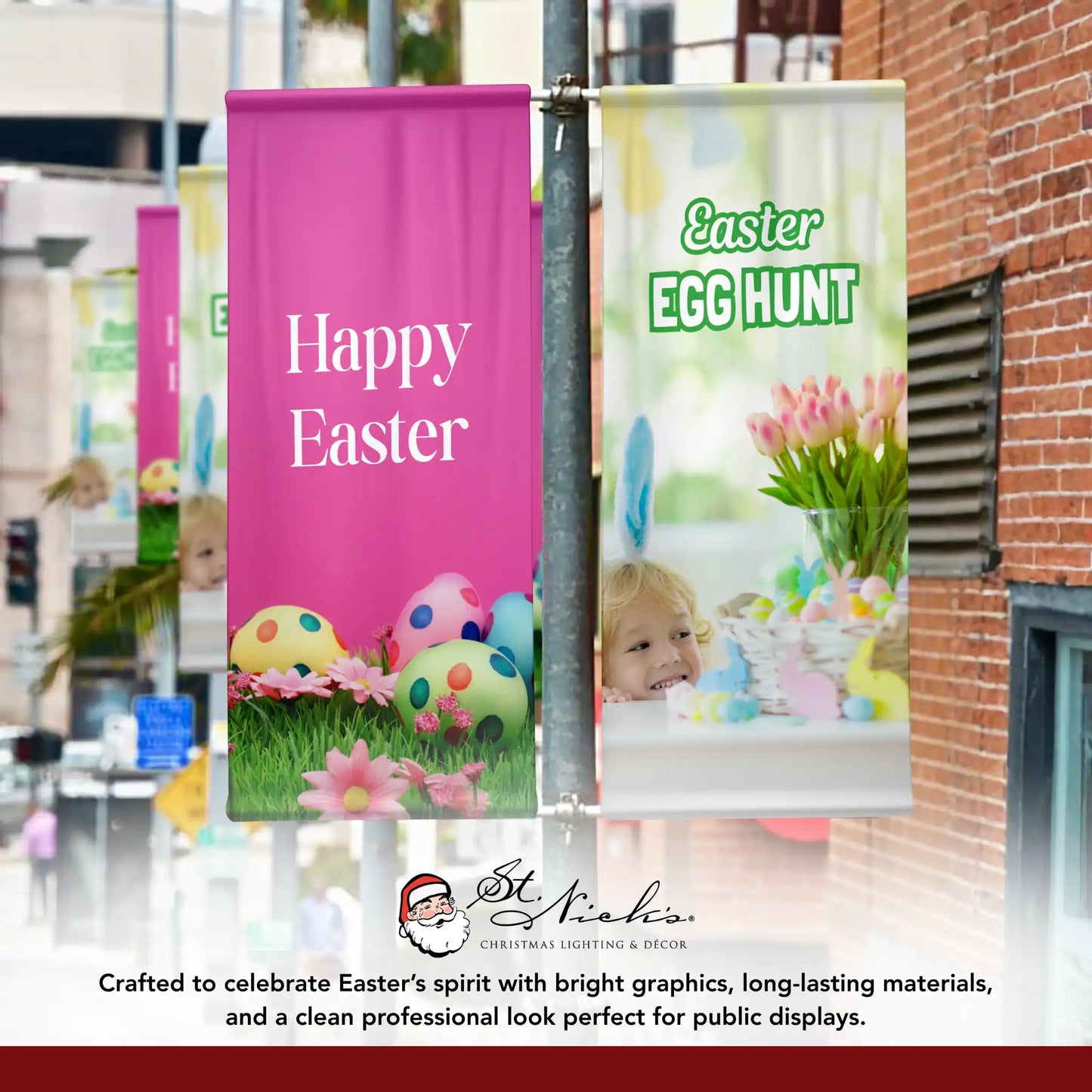 Easter Egg Hunt pole banner displayed alongside complementary Easter seasonal banner designs