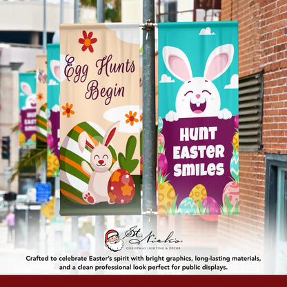 Egg Hunts Begin Easter pole banner displayed alongside complementary Easter banner designs