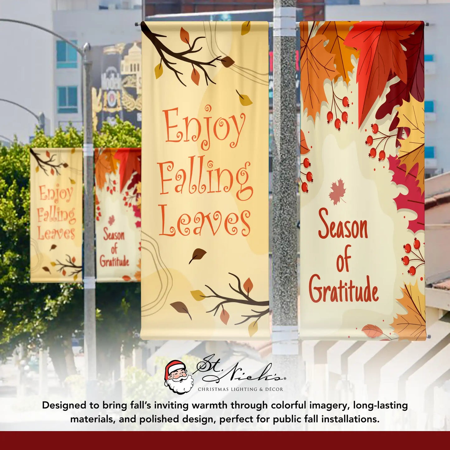 Enjoy Falling Leaves fall pole banner displayed alongside complementary autumn street banner designs