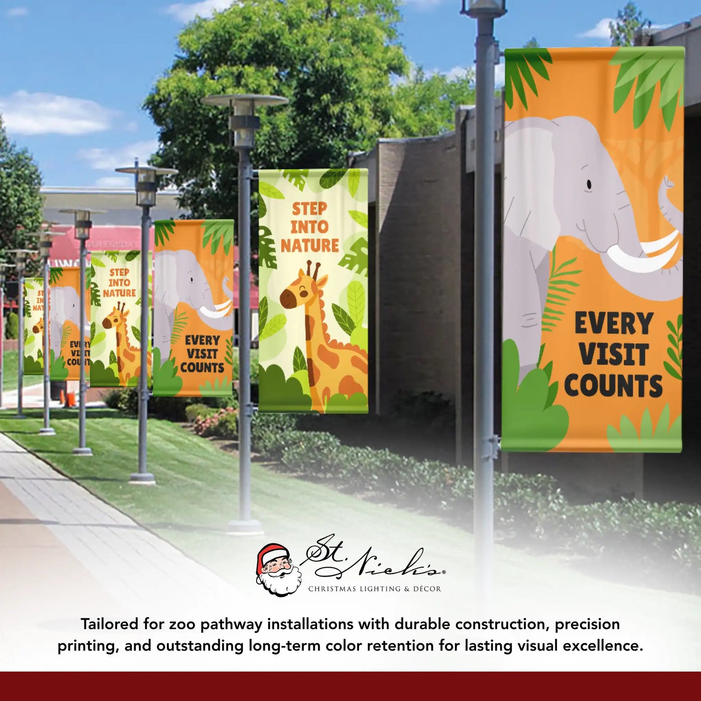 Every Visit Counts elephant banner displayed with coordinating zoo-themed pole banners