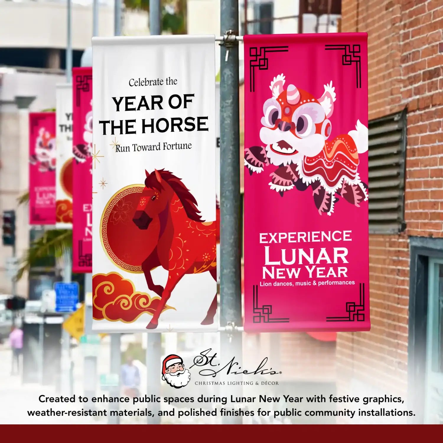Experience Lunar New Year lion dance pole banner displayed alongside complementary Lunar New Year street banner designs