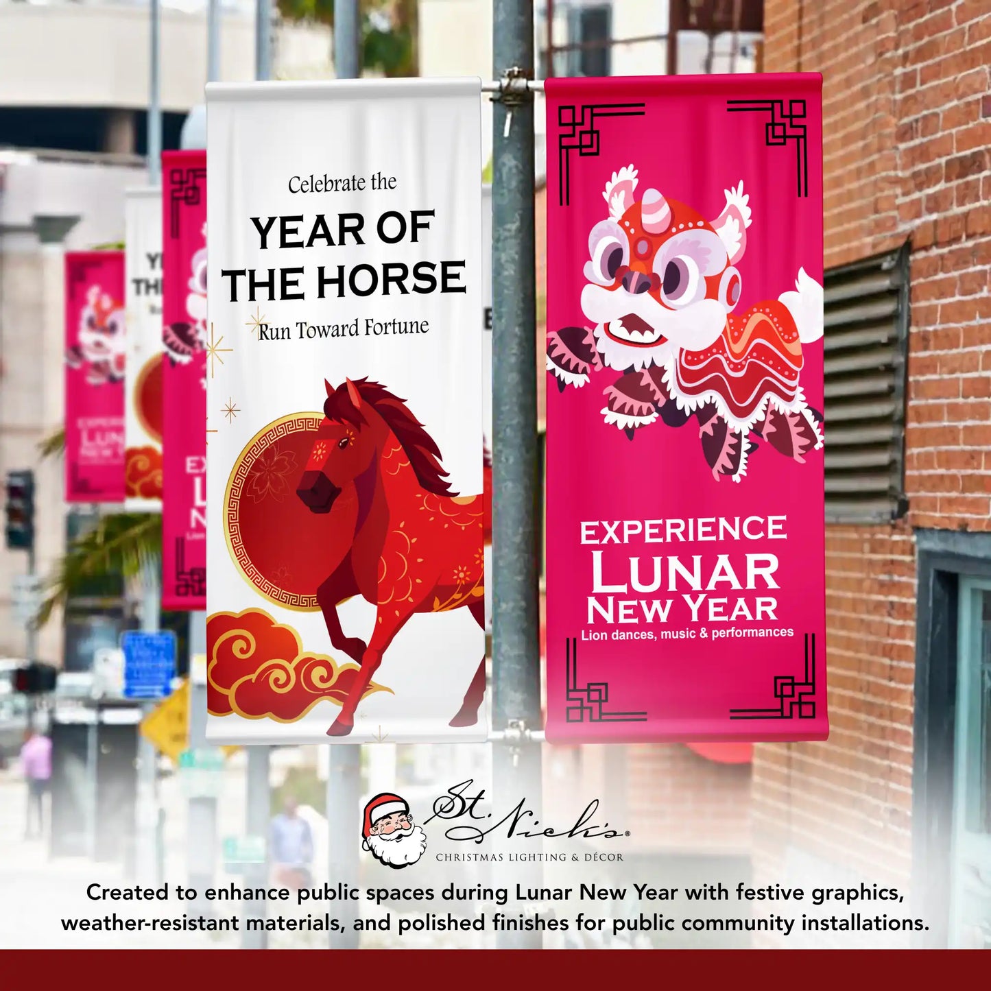 Experience Lunar New Year lion dance pole banner displayed alongside complementary Lunar New Year street banner designs