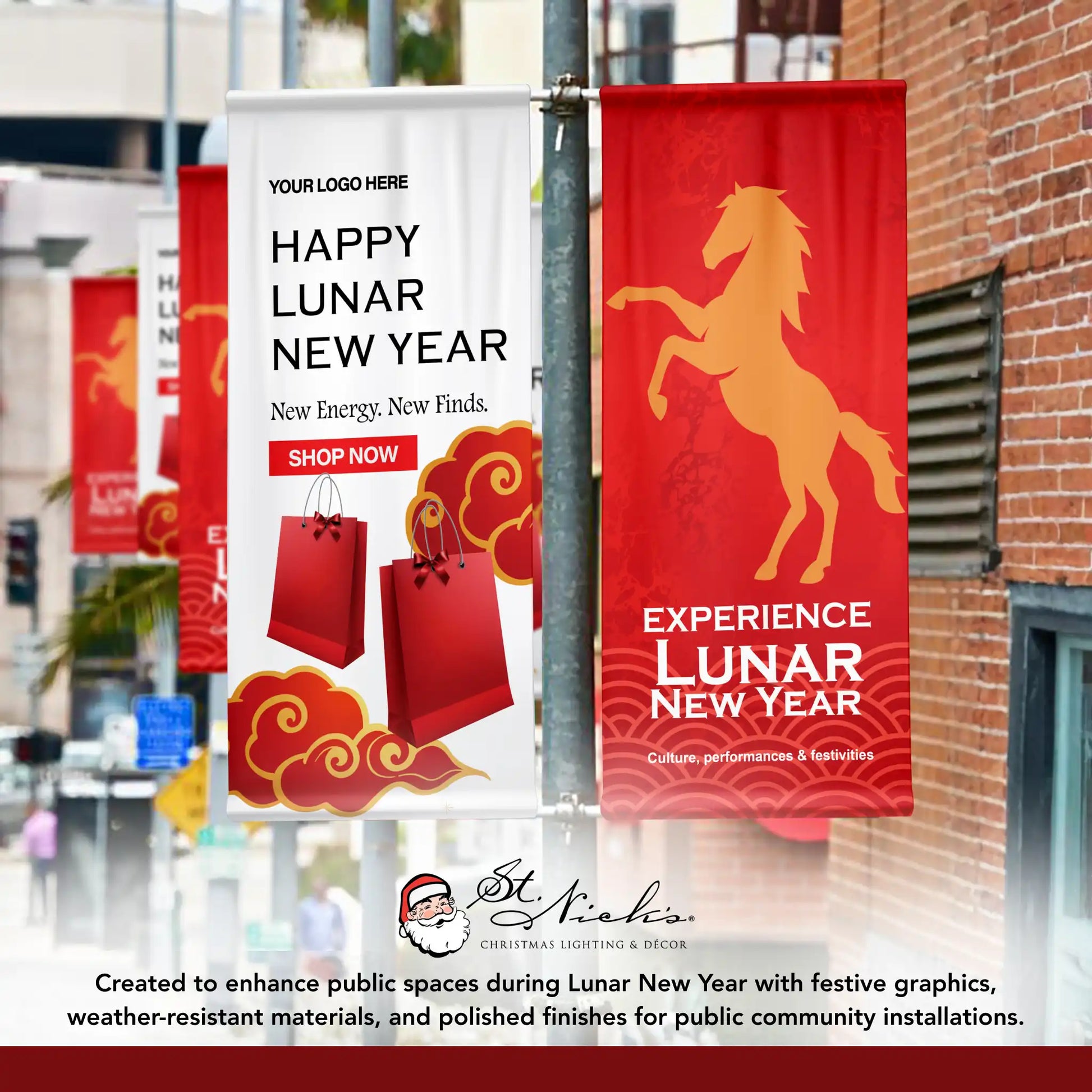 Experience Lunar New Year Year of the Horse pole banner displayed alongside complementary Lunar New Year street banner designs