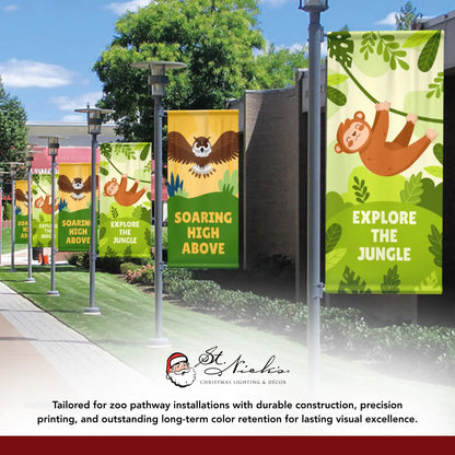 Explore the Jungle green zoo pathway banners with coordinated jungle animal graphics
