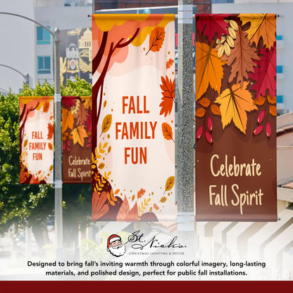 Fall Family Fun fall pole banner displayed alongside complementary autumn street banner designs