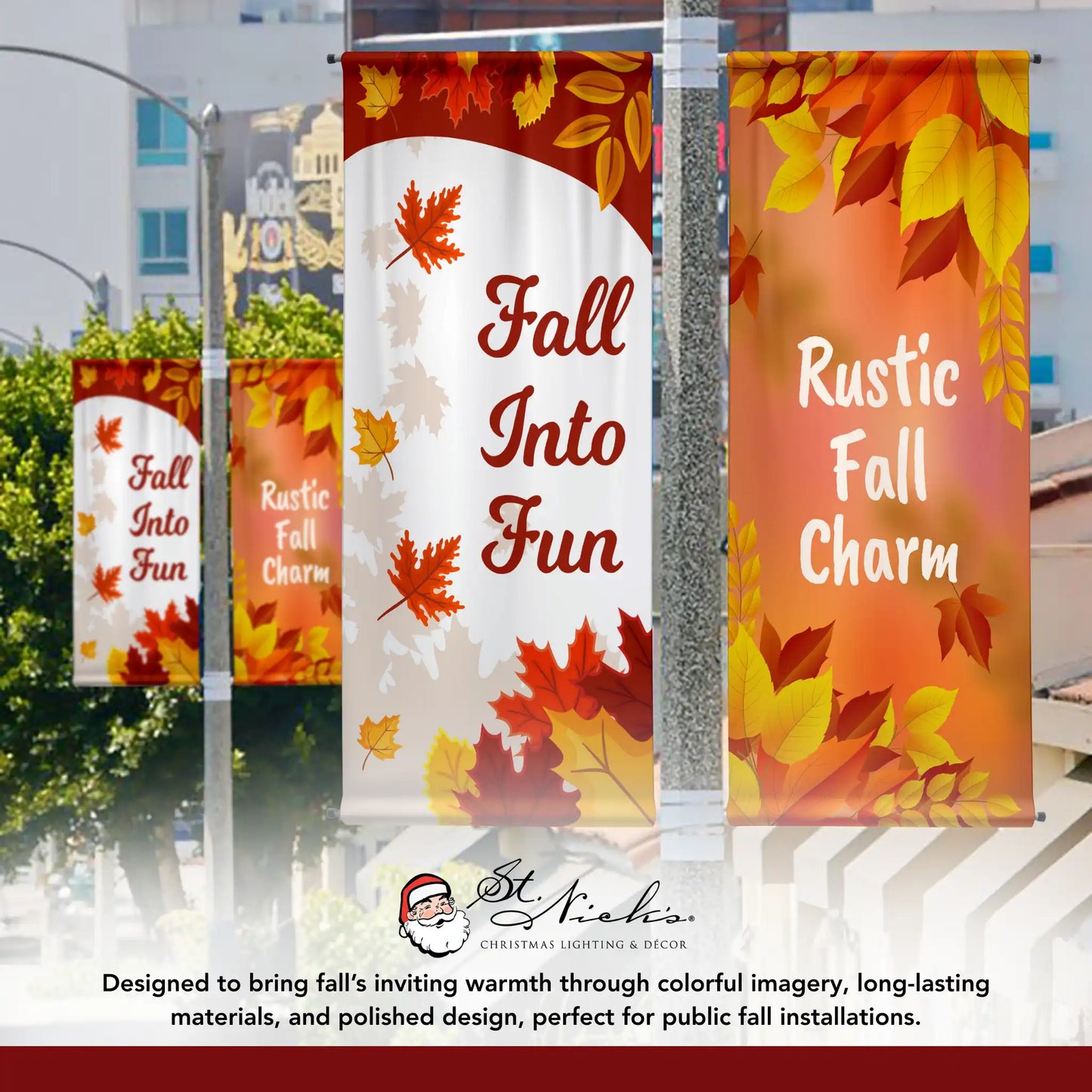 Fall Into Fun fall pole banner displayed alongside complementary fall banner designs