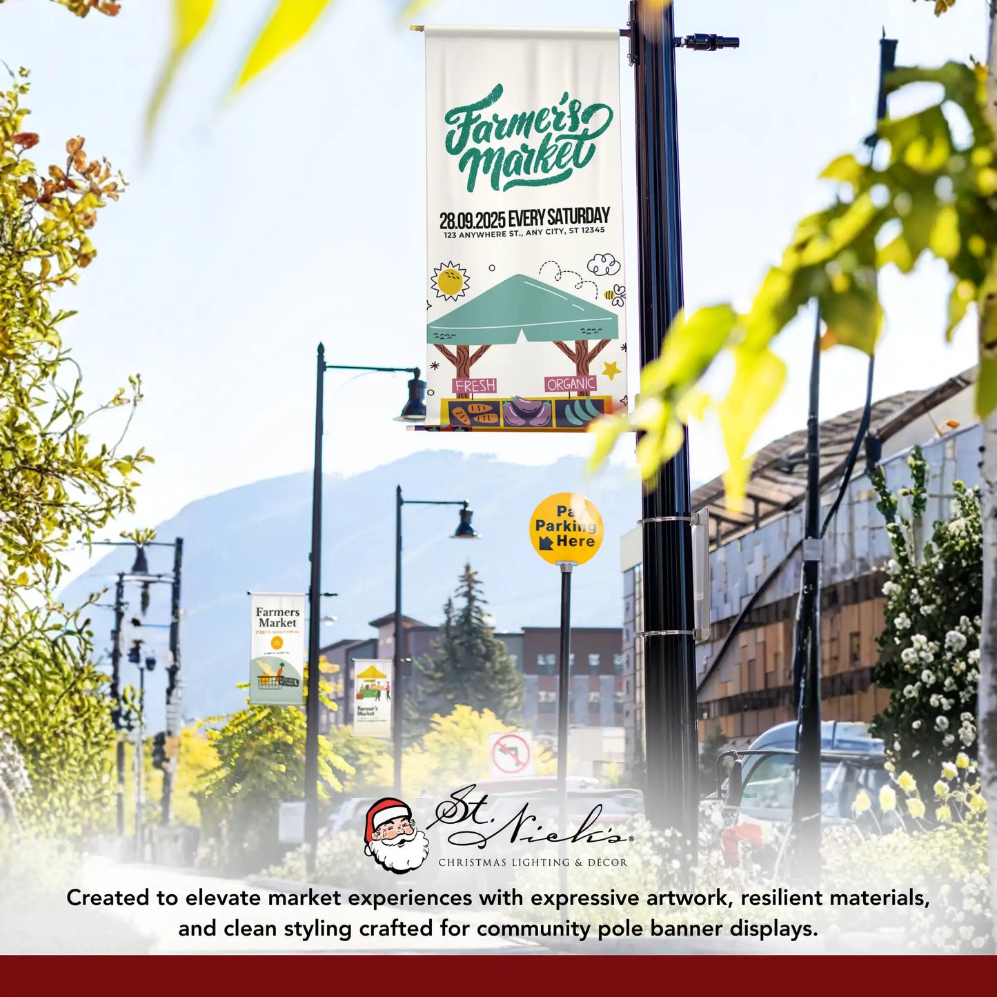 Farmers Market pole banner displayed as part of a coordinated street banner collection