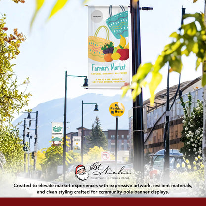Farmers Market grocery bag pole banner displayed alongside complementary farmers market street banner designs
