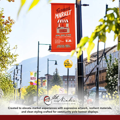 Farmers Market red pole banner displayed alongside complementary farmers market banner designs