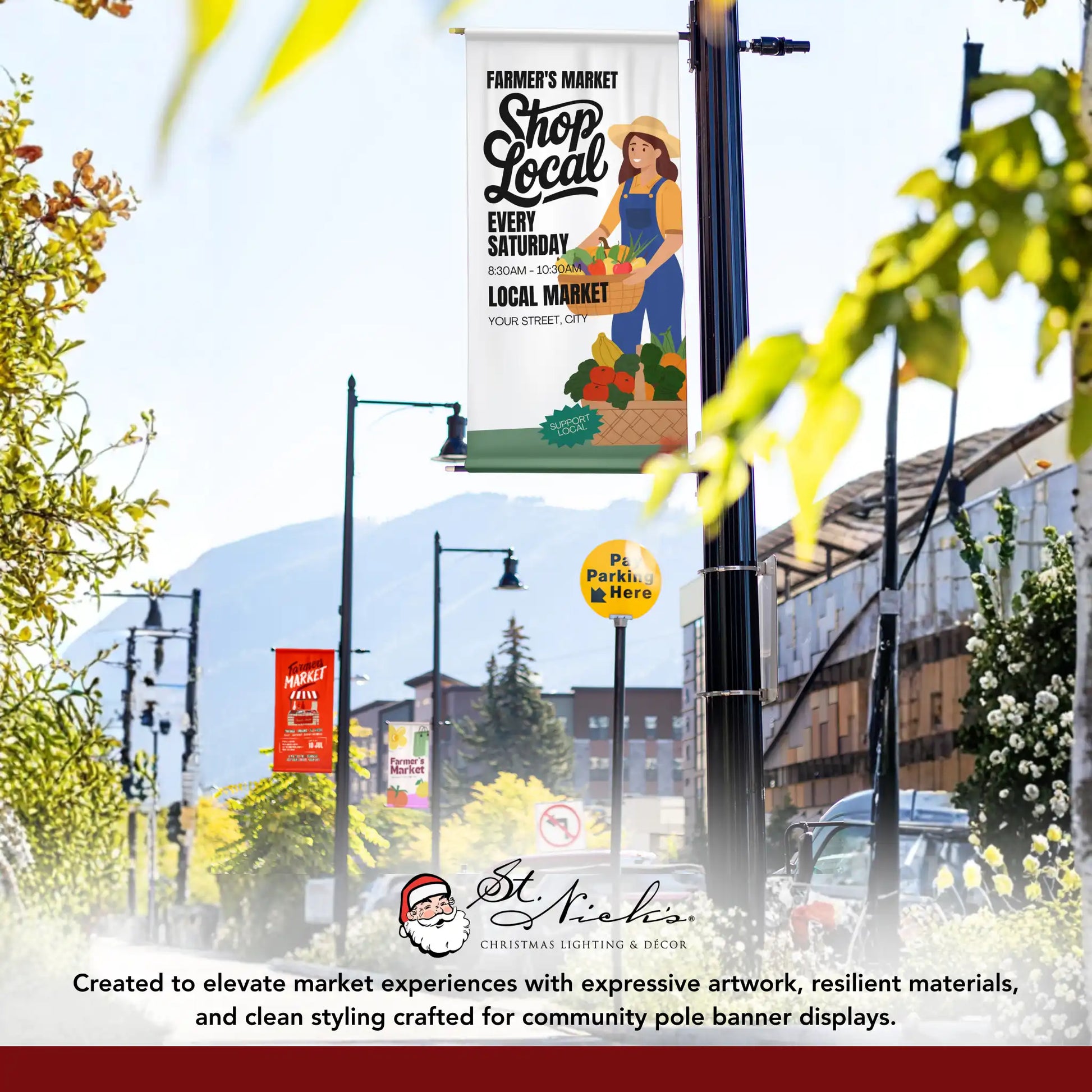 Farmer’s Market shop local pole banner displayed alongside complementary community and market banner designs