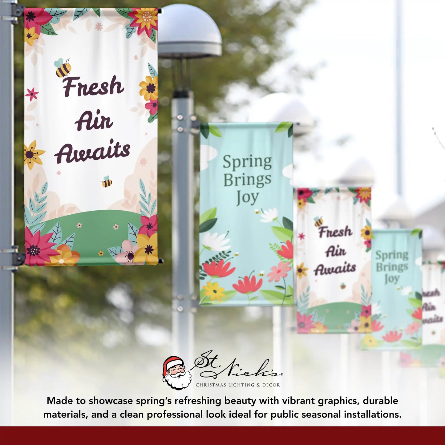 Fresh Air Awaits spring pole banner displayed alongside complementary spring banner designs