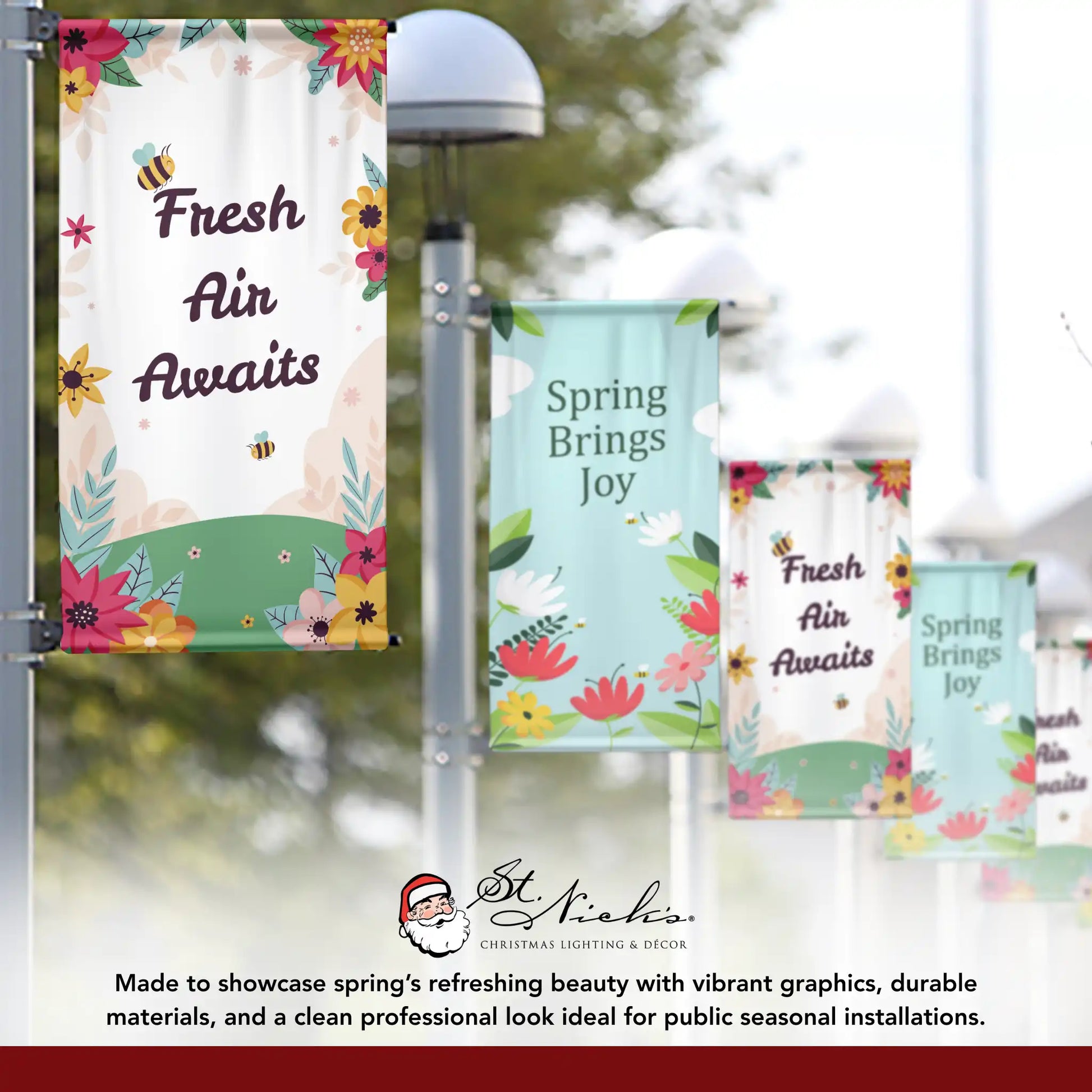 Fresh Air Awaits spring pole banner displayed alongside complementary spring banner designs