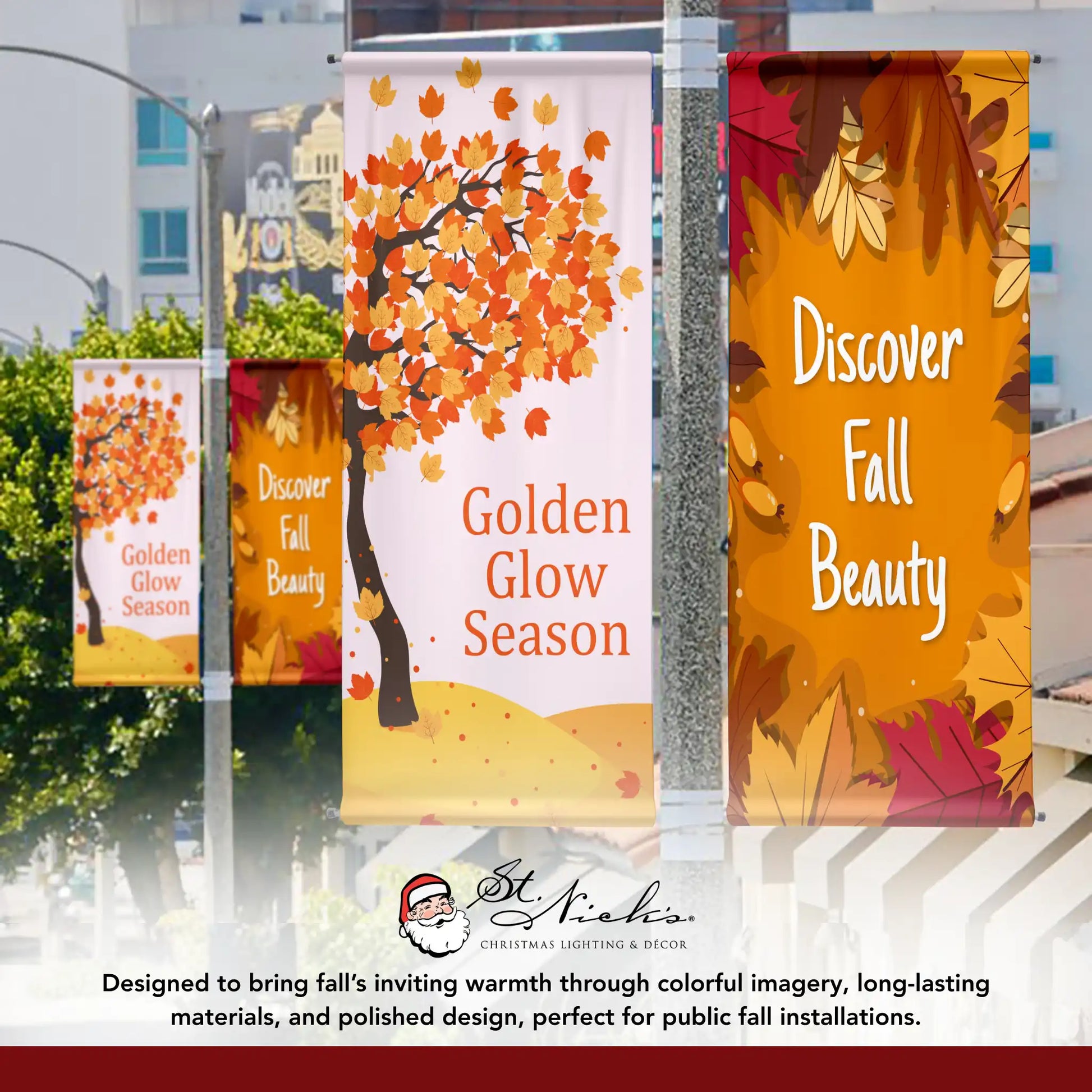 Golden Glow Season fall pole banner shown alongside complementary autumn street banner designs