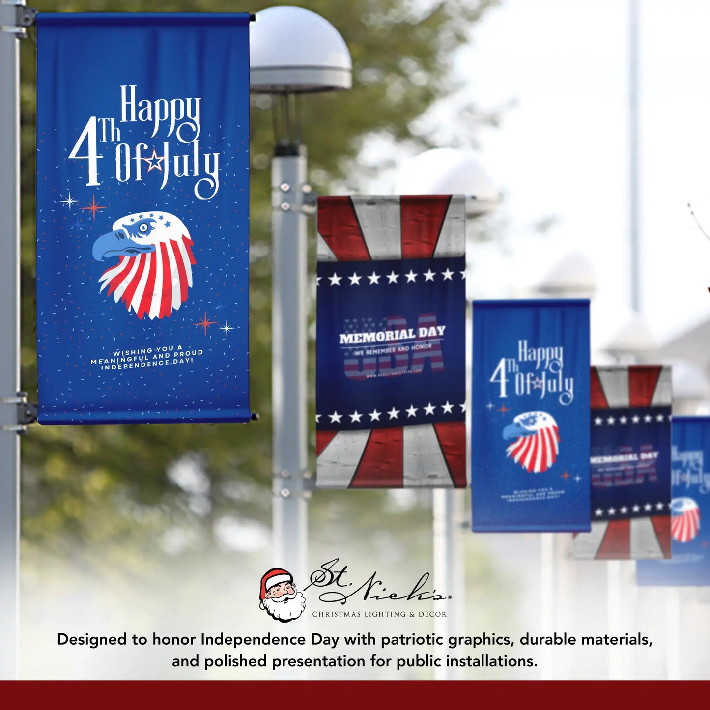 Happy 4th of July eagle pole banner displayed alongside complementary patriotic banner designs