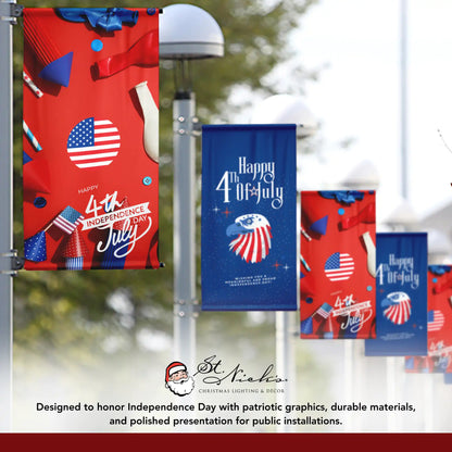 Happy 4th of July red party pole banner displayed alongside complementary patriotic banner designs