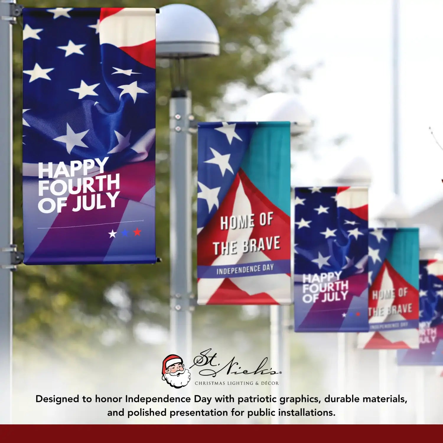 Happy Fourth of July waving flag pole banner displayed alongside complementary patriotic banner designs