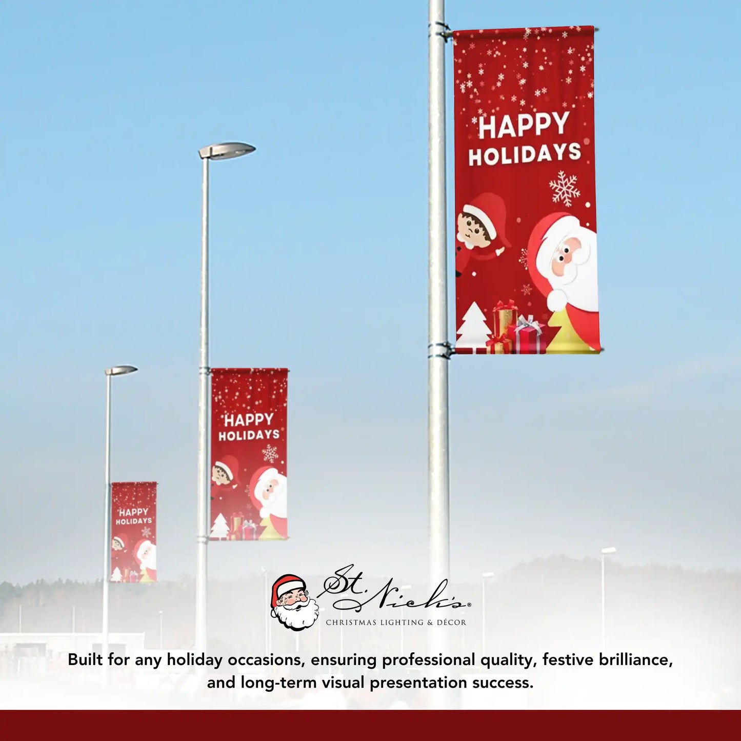 Happy Holidays Christmas pole banners mounted on streetlights creating coordinated holiday streetscape