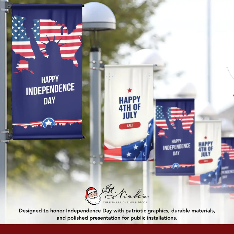 Happy Independence Day patriotic pole banner displayed alongside complementary Fourth of July banner designs