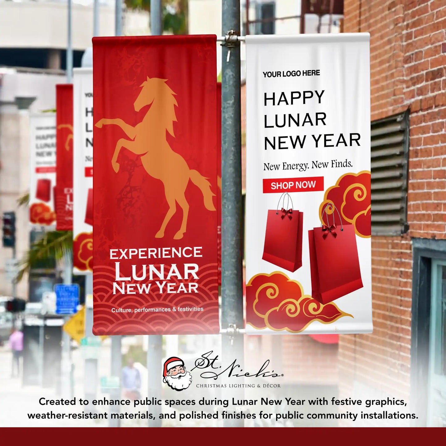 Happy Lunar New Year shopping bag pole banner displayed alongside complementary Lunar New Year street banners