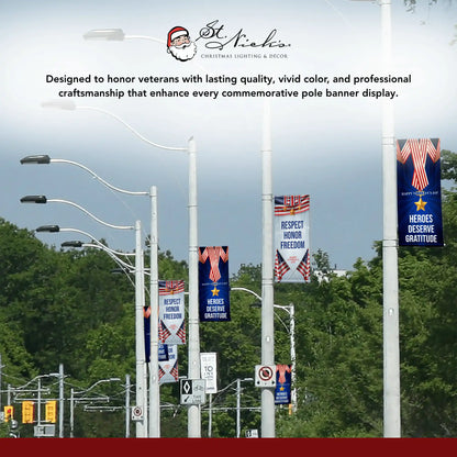 Heroes Deserve Gratitude Veterans Day pole banner used in community streetscape display