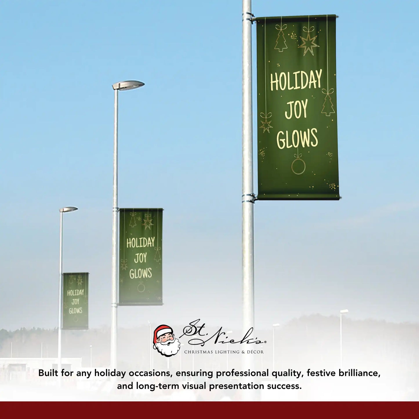 Holiday Joy Glows Christmas pole banner displayed alongside matching holiday banner designs