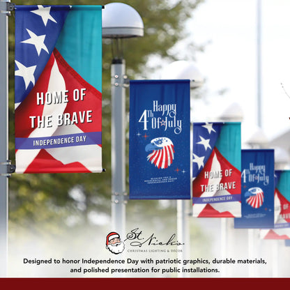 Home of the Brave Independence Day pole banner displayed alongside complementary patriotic banner designs
