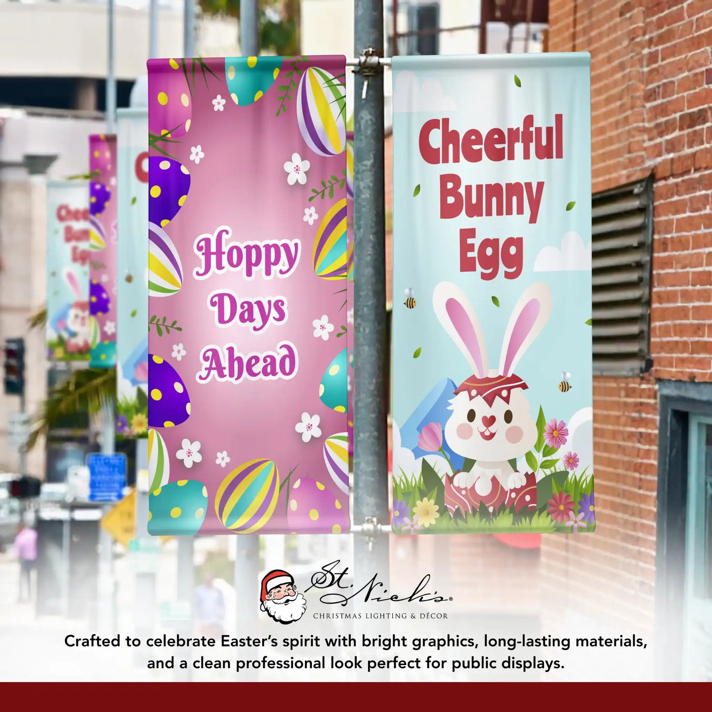 Hoppy Days Ahead Easter pole banner displayed alongside complementary Easter banner designs