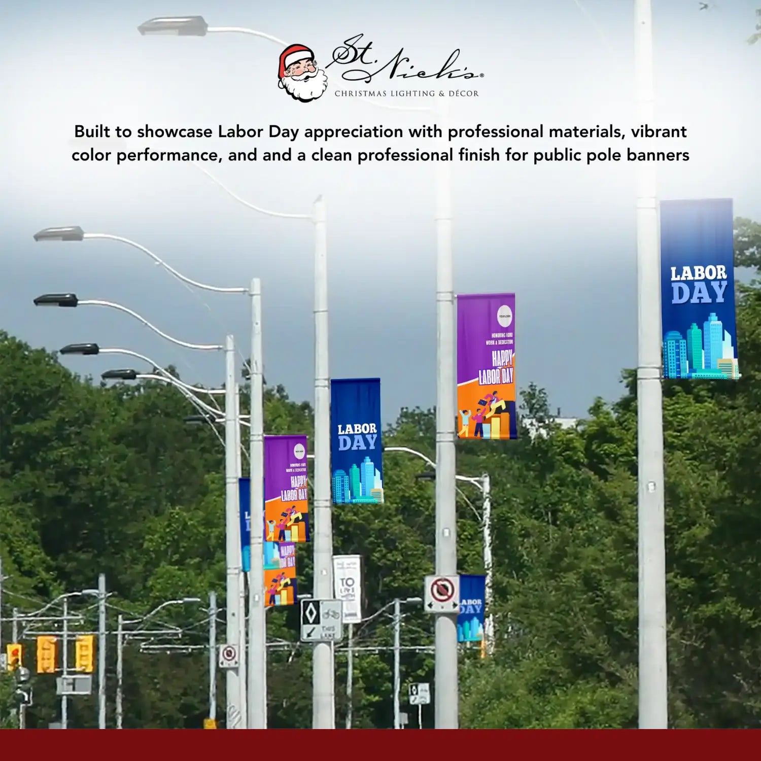Labor Day city skyline pole banner displayed alongside complementary Labor Day street banners