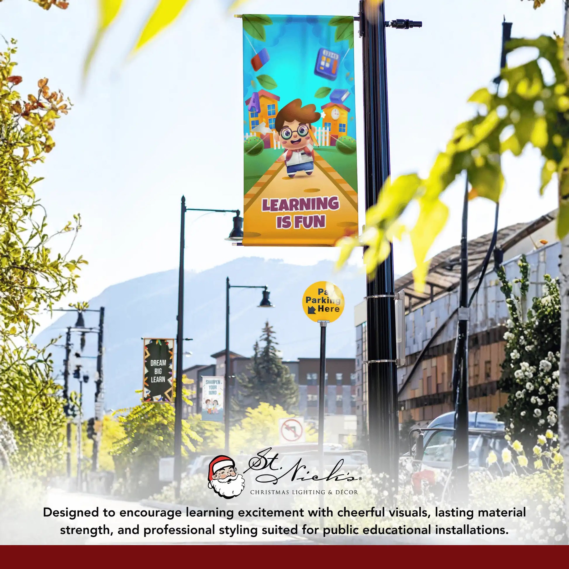 Learning Is Fun school pole banner displayed alongside complementary back-to-school banner designs