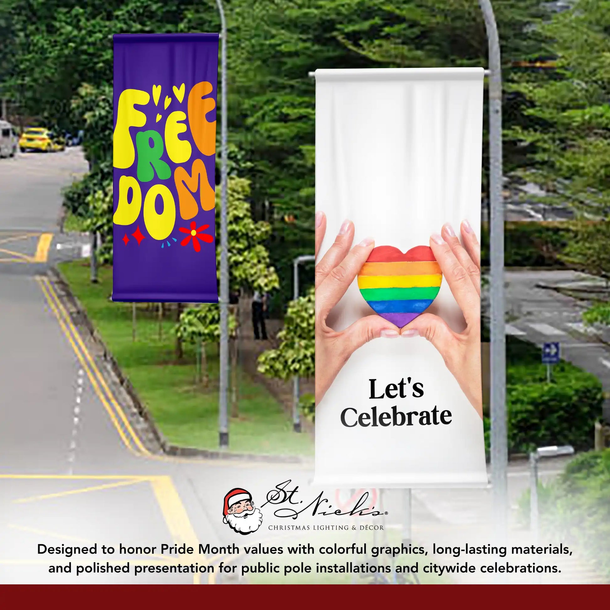 Let’s Celebrate pride pole banner displayed alongside complementary Pride Month street banner designs