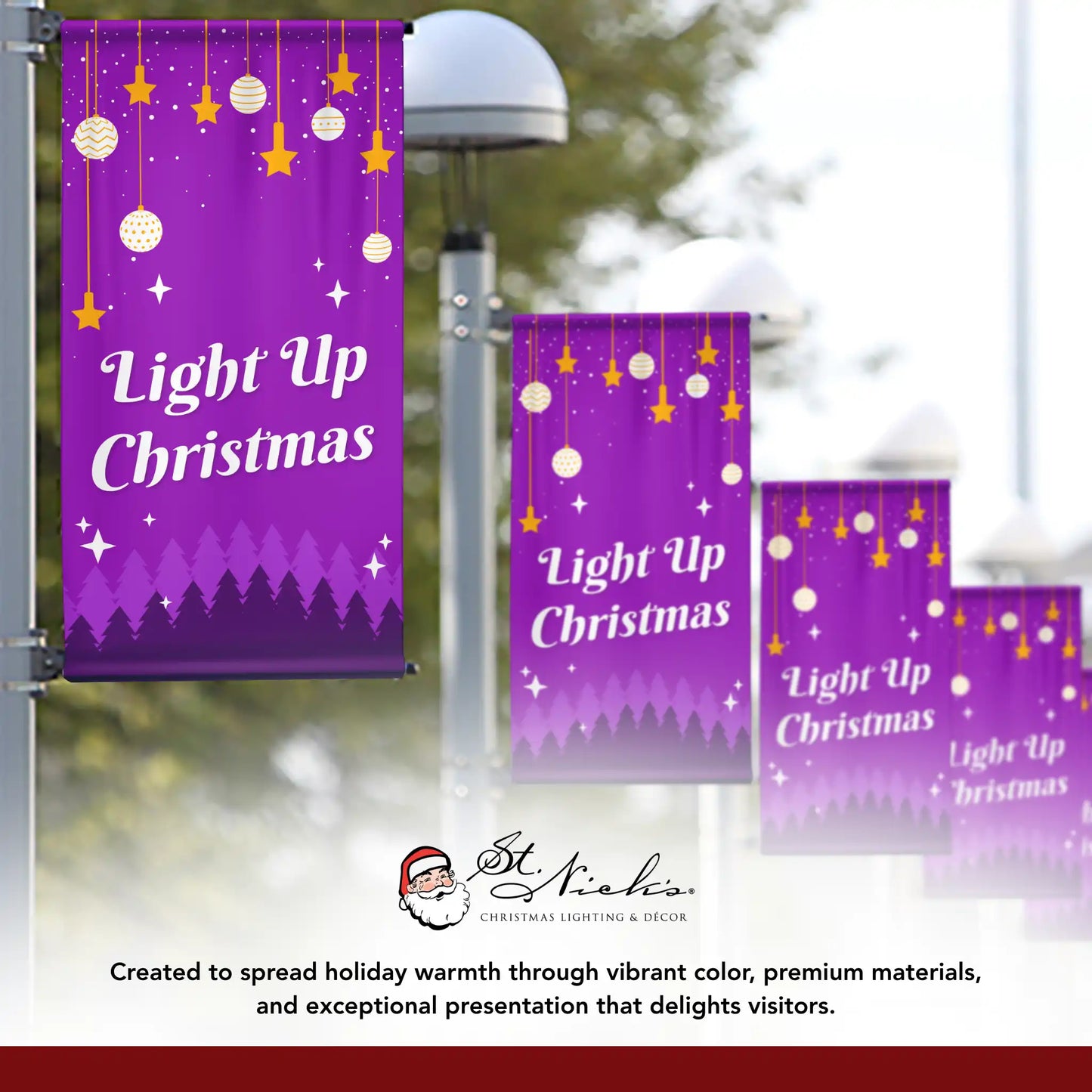 Light Up Christmas Christmas pole banner displayed alongside complementary holiday banner designs