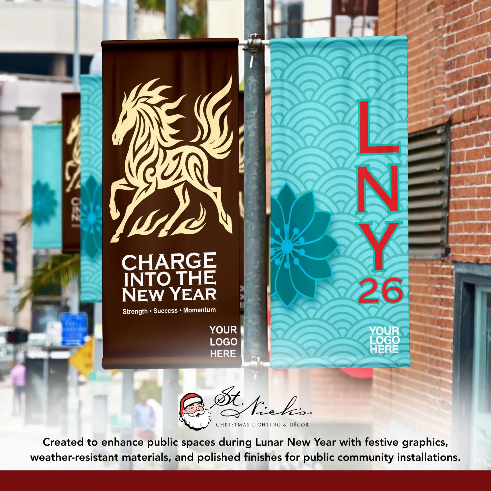 Lunar New Year 2026 teal custom pole banner displayed alongside complementary Lunar New Year street banners
