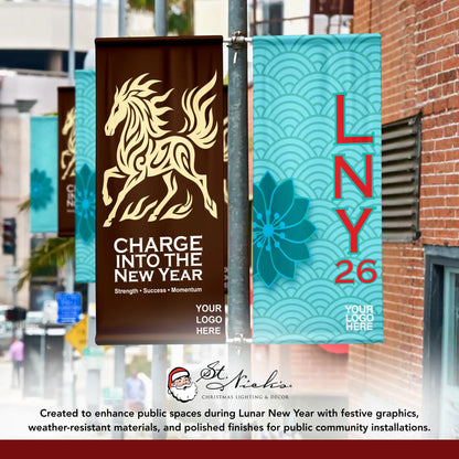 Lunar New Year 2026 teal custom pole banner displayed alongside complementary Lunar New Year street banners