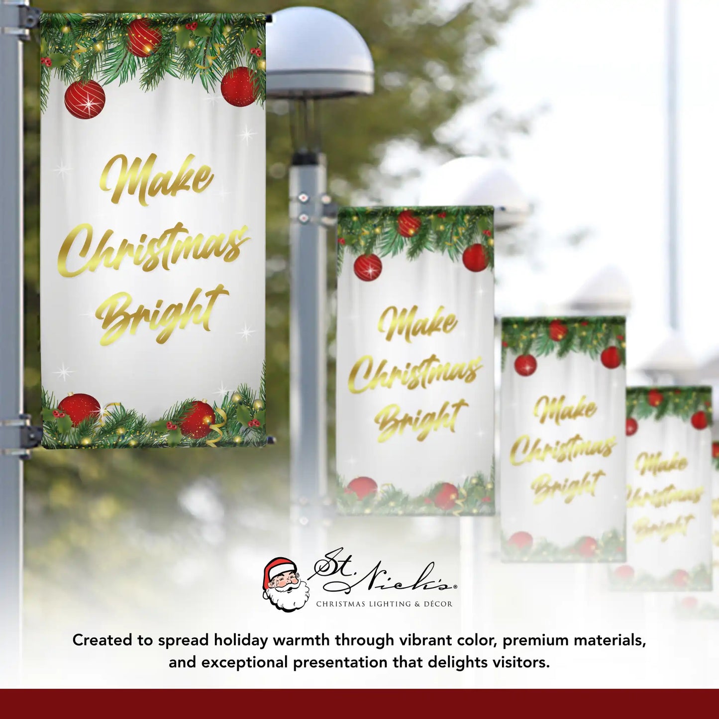 Make Christmas Bright Christmas pole banner displayed alongside complementary holiday banner designs