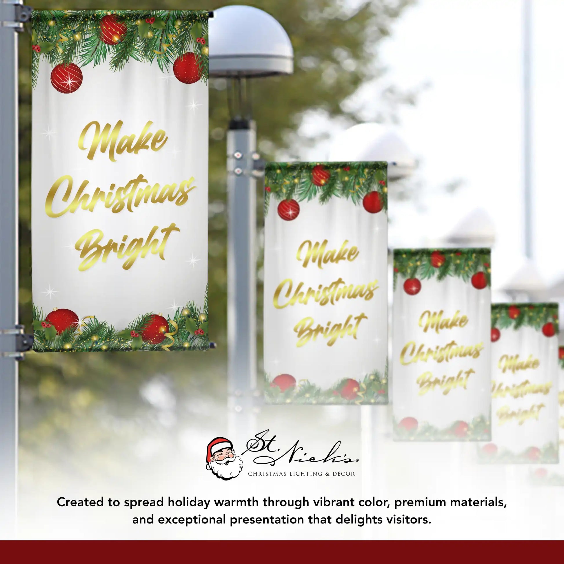 Make Christmas Bright Christmas pole banner displayed alongside complementary holiday banner designs