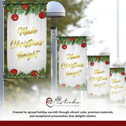 Make Christmas Bright Christmas pole banner displayed alongside complementary holiday banner designs