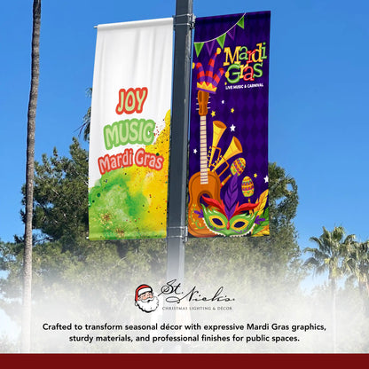 Joy Music Mardi Gras pole banner displayed alongside complementary Mardi Gras street banner designs