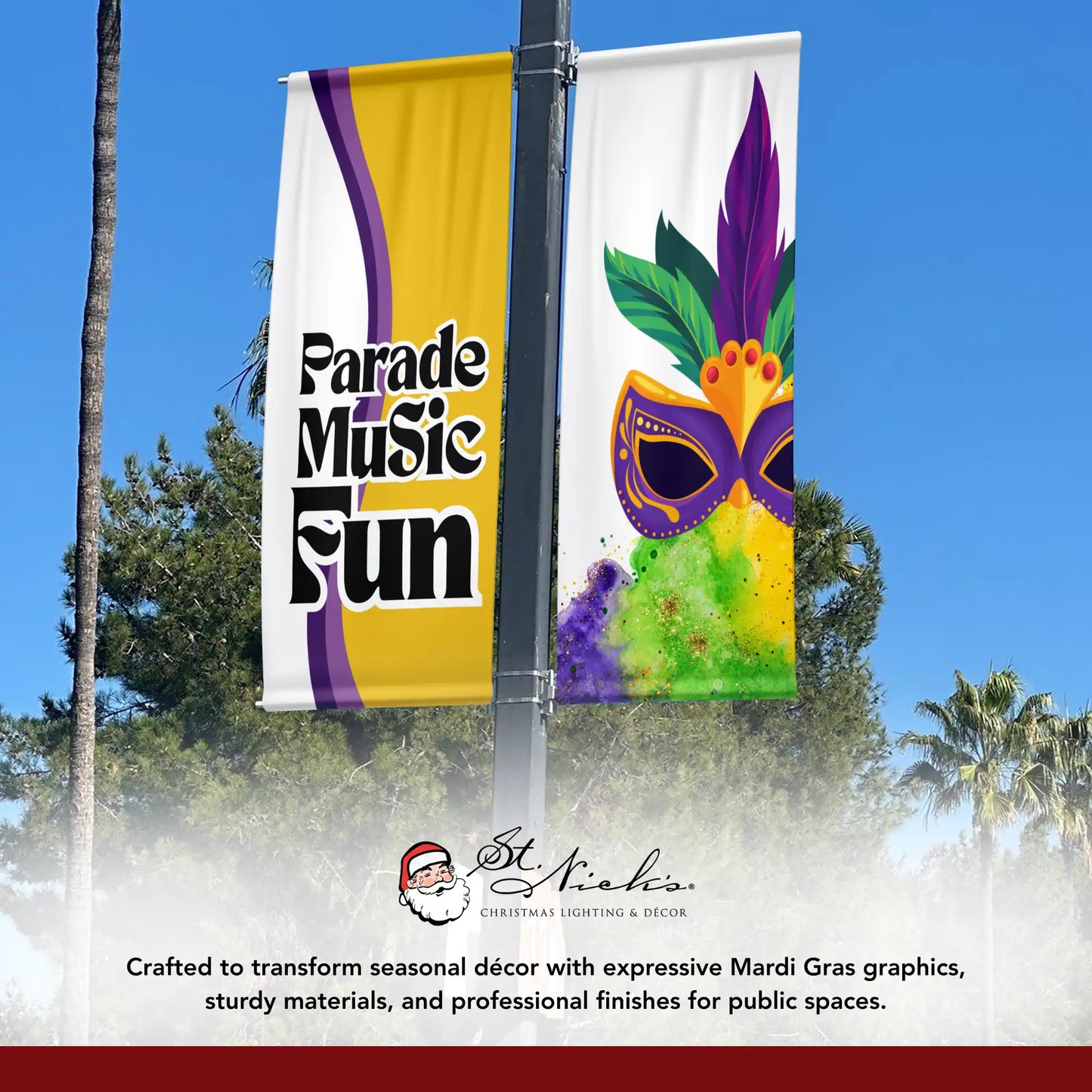 Mardi Gras Parade Music Fun pole banner displayed alongside complementary Mardi Gras mask street banner design