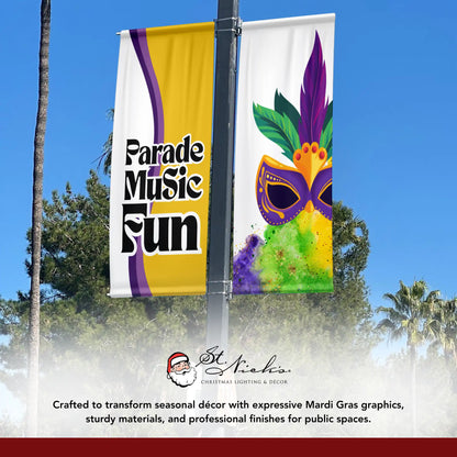 Mardi Gras Parade Music Fun pole banner displayed alongside complementary Mardi Gras mask street banner design
