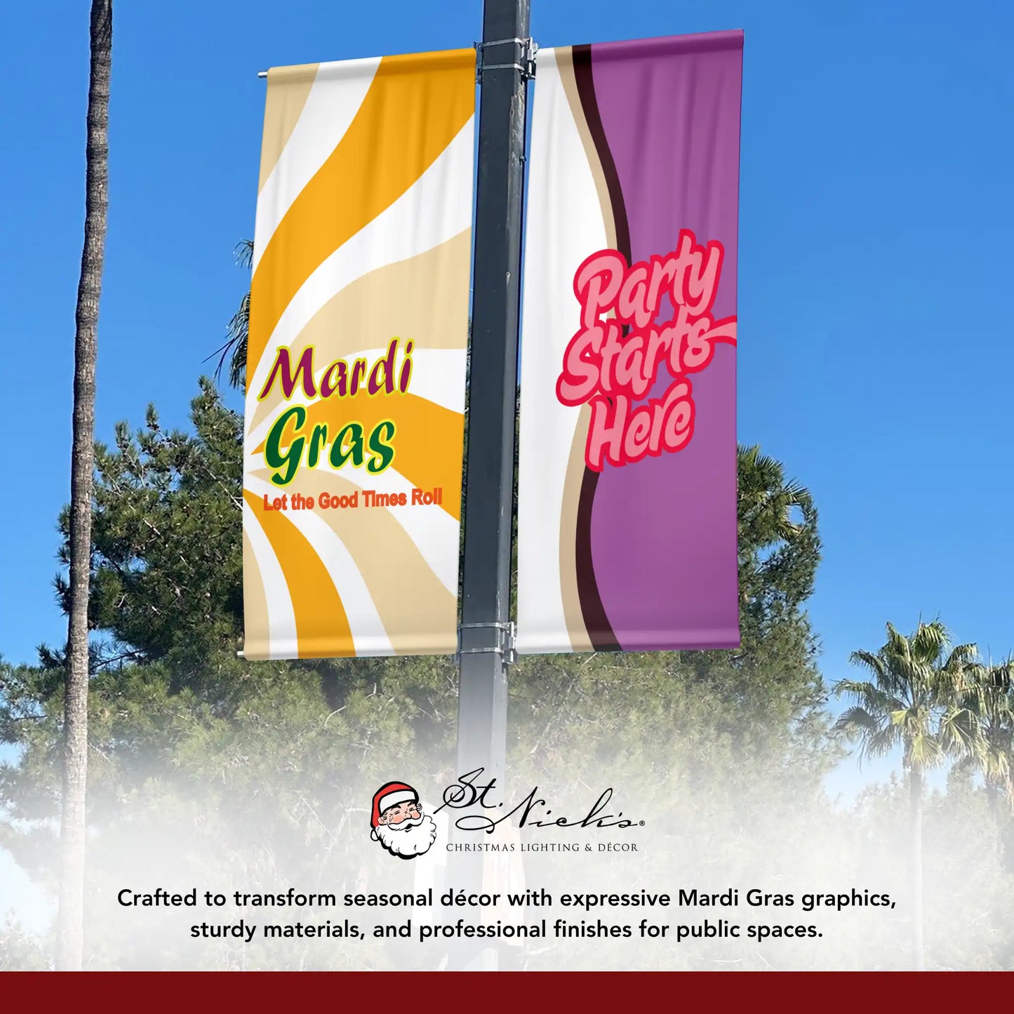 Mardi Gras yellow swirl pole banner displayed alongside complementary Mardi Gras street banners in public setting