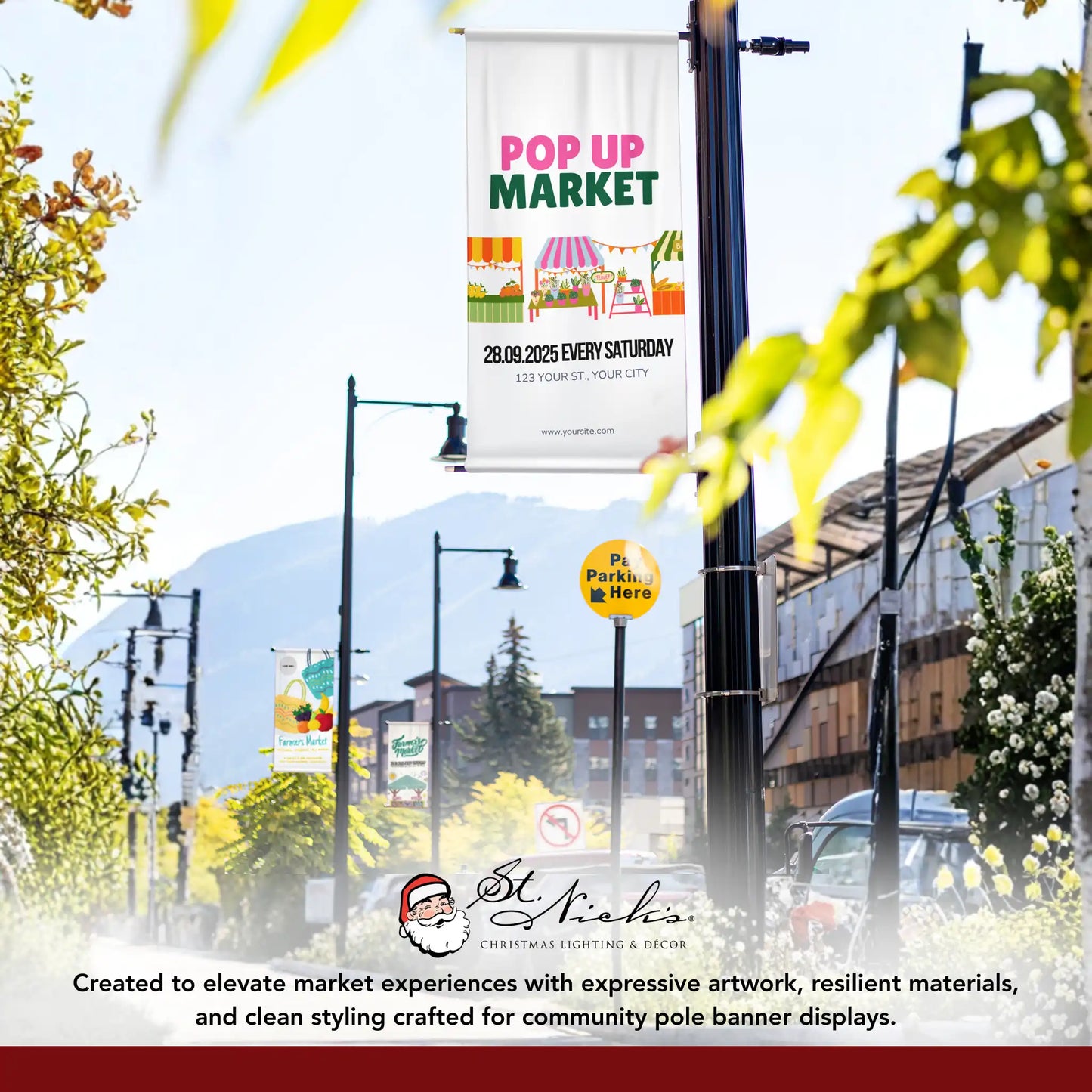 Pop Up Market pole banner displayed alongside complementary farmers market and community banner designs