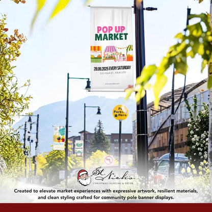 Pop Up Market pole banner displayed alongside complementary farmers market and community banner designs