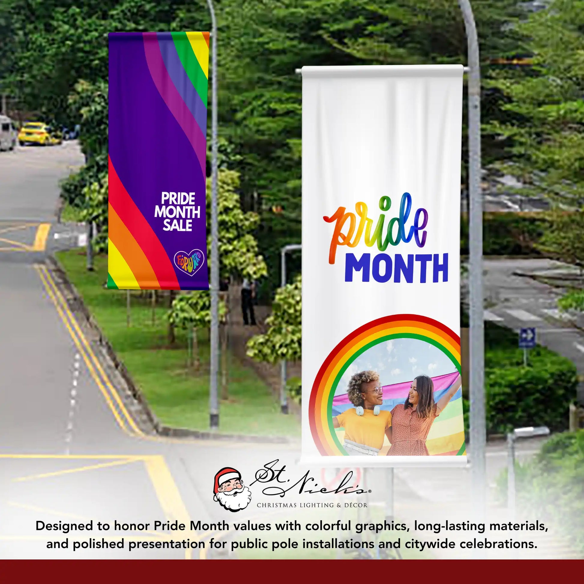 Pride Month photo pole banner displayed alongside complementary Pride street banner designs