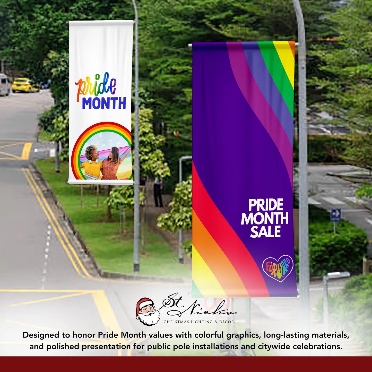 Pride Month Sale rainbow wave pole banner displayed alongside complementary Pride Month street banners