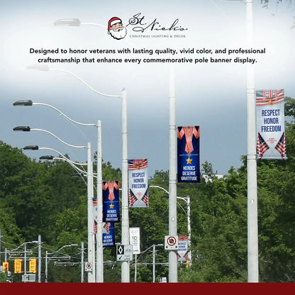 Respect Honor Freedom red white and blue Veterans Day street banners displayed throughout community