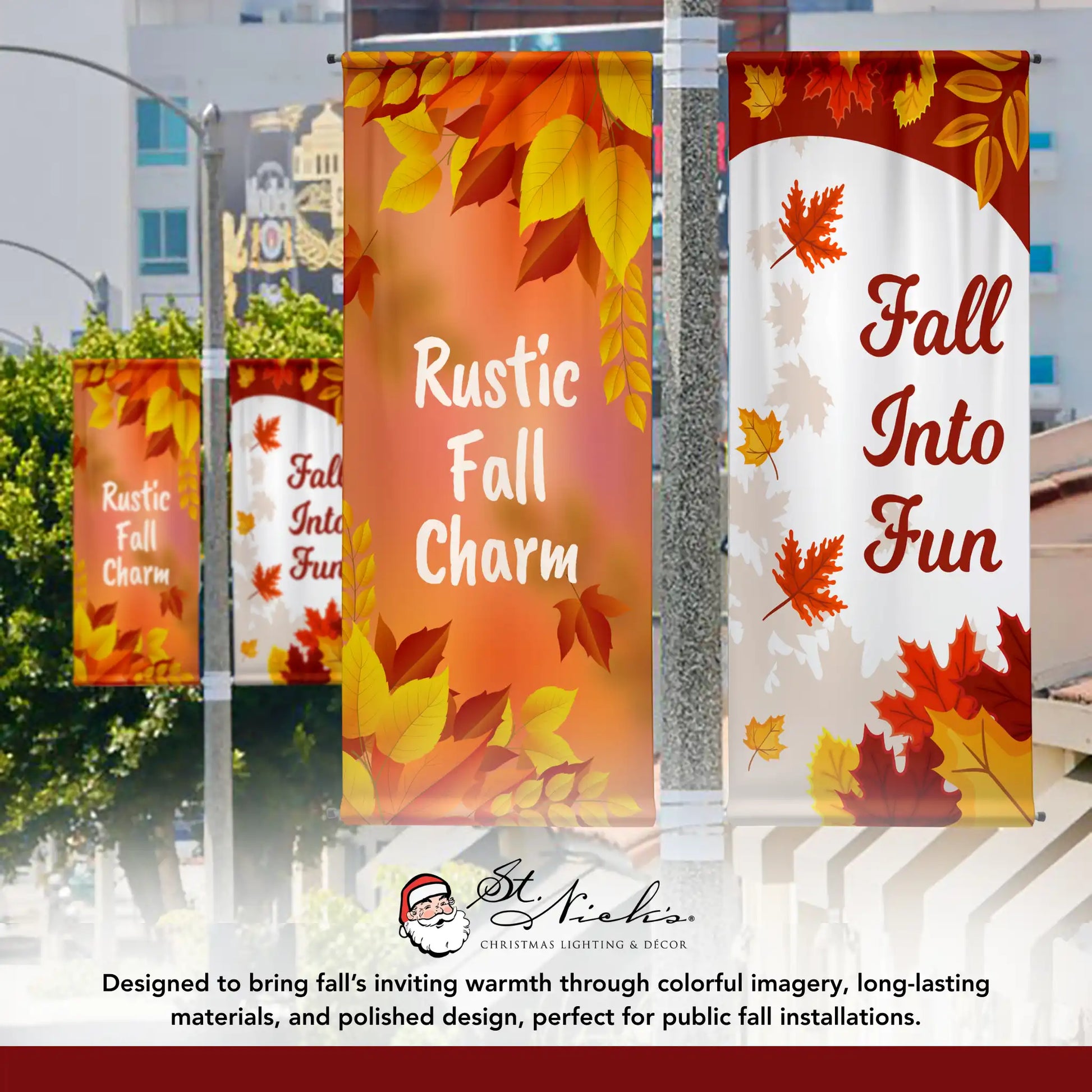 Rustic Fall Charm fall pole banner displayed alongside complementary fall street banner designs