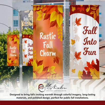 Rustic Fall Charm fall pole banner displayed alongside complementary fall street banner designs